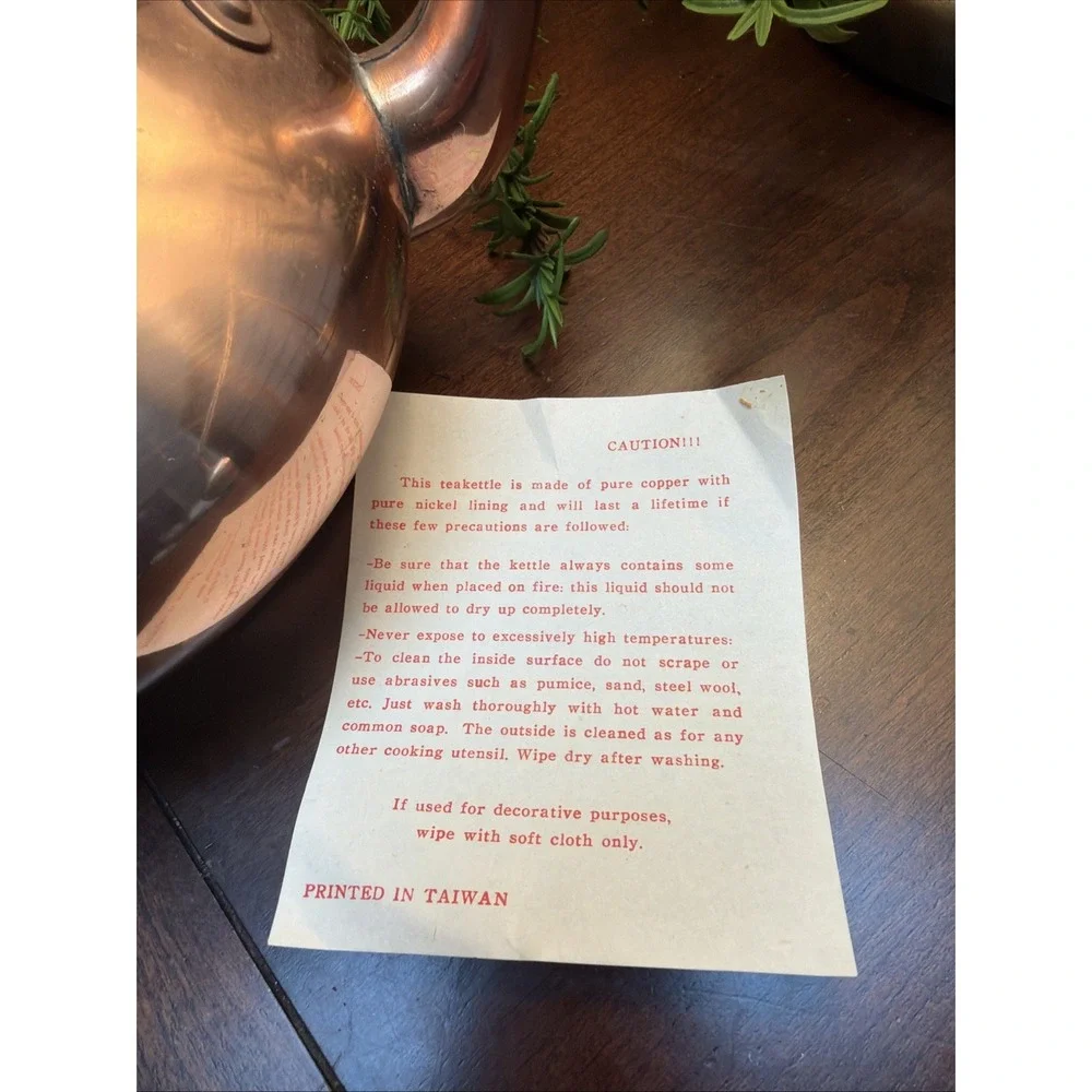 Vintage copper tea kettle NOS W/ Paper Work & Spout Cover